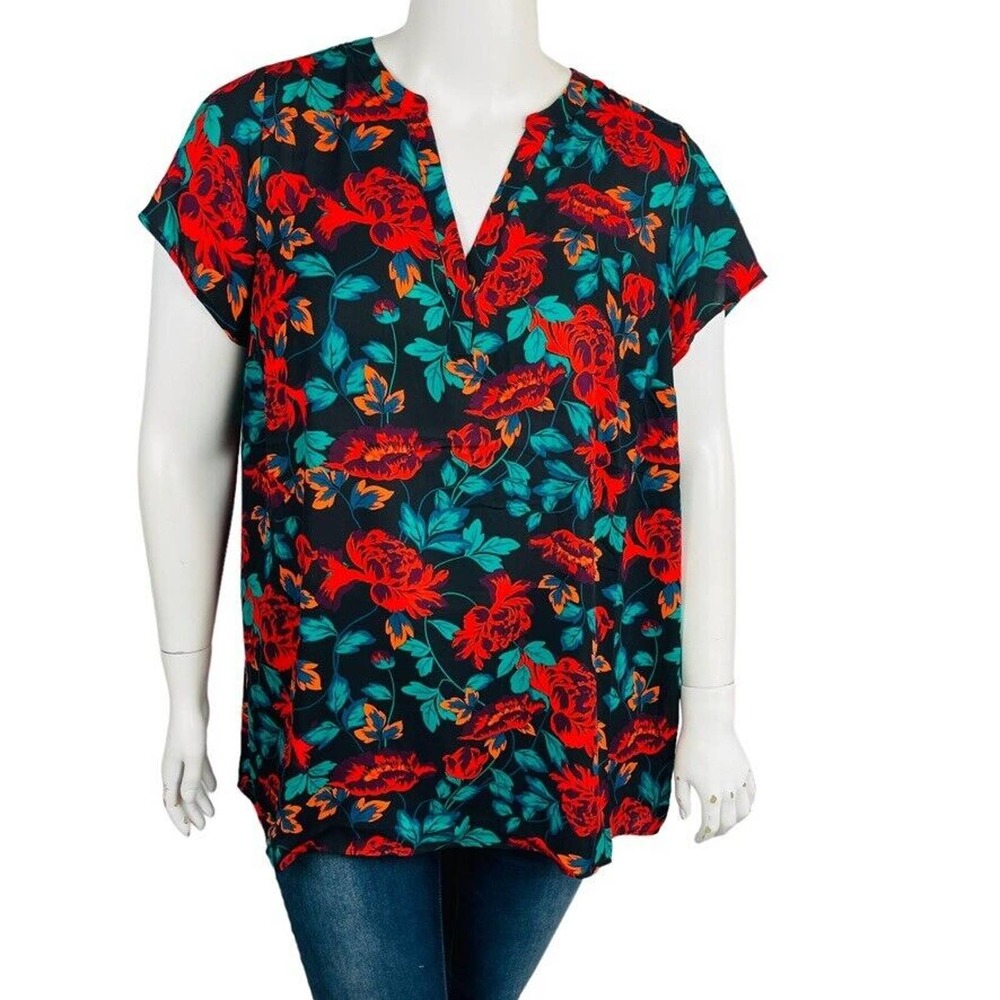 Torrid Womans Sz 2X 18/20 Plus Black Floral Georgette Hi-Low Tunic Blouse NWT